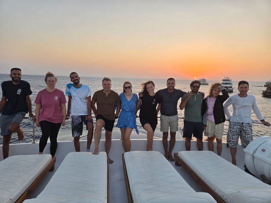A group of divers and guests with Mahmoud on one of our trips.