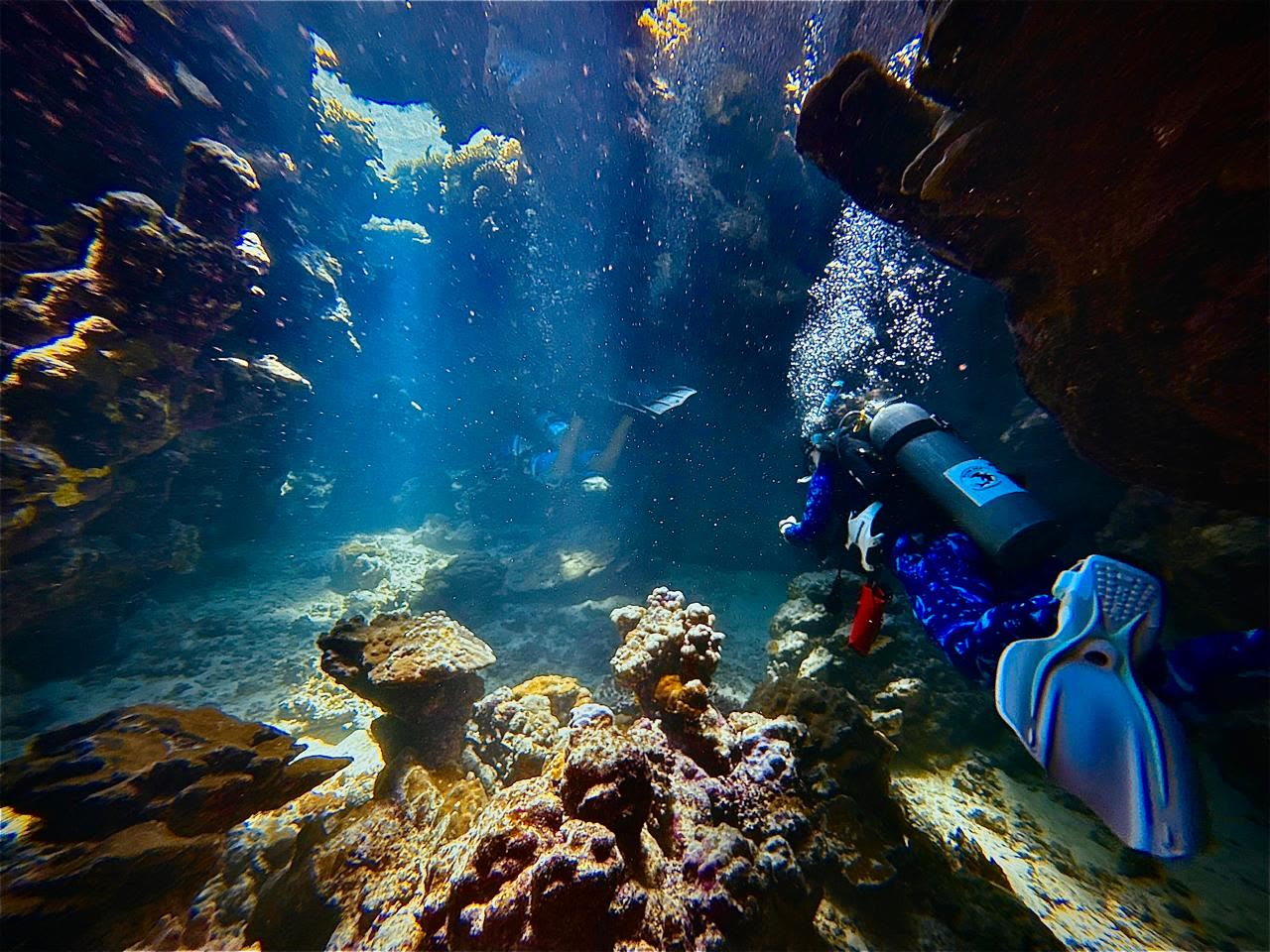 A diver with a camera rig moving through a sunlit cave in the reef.