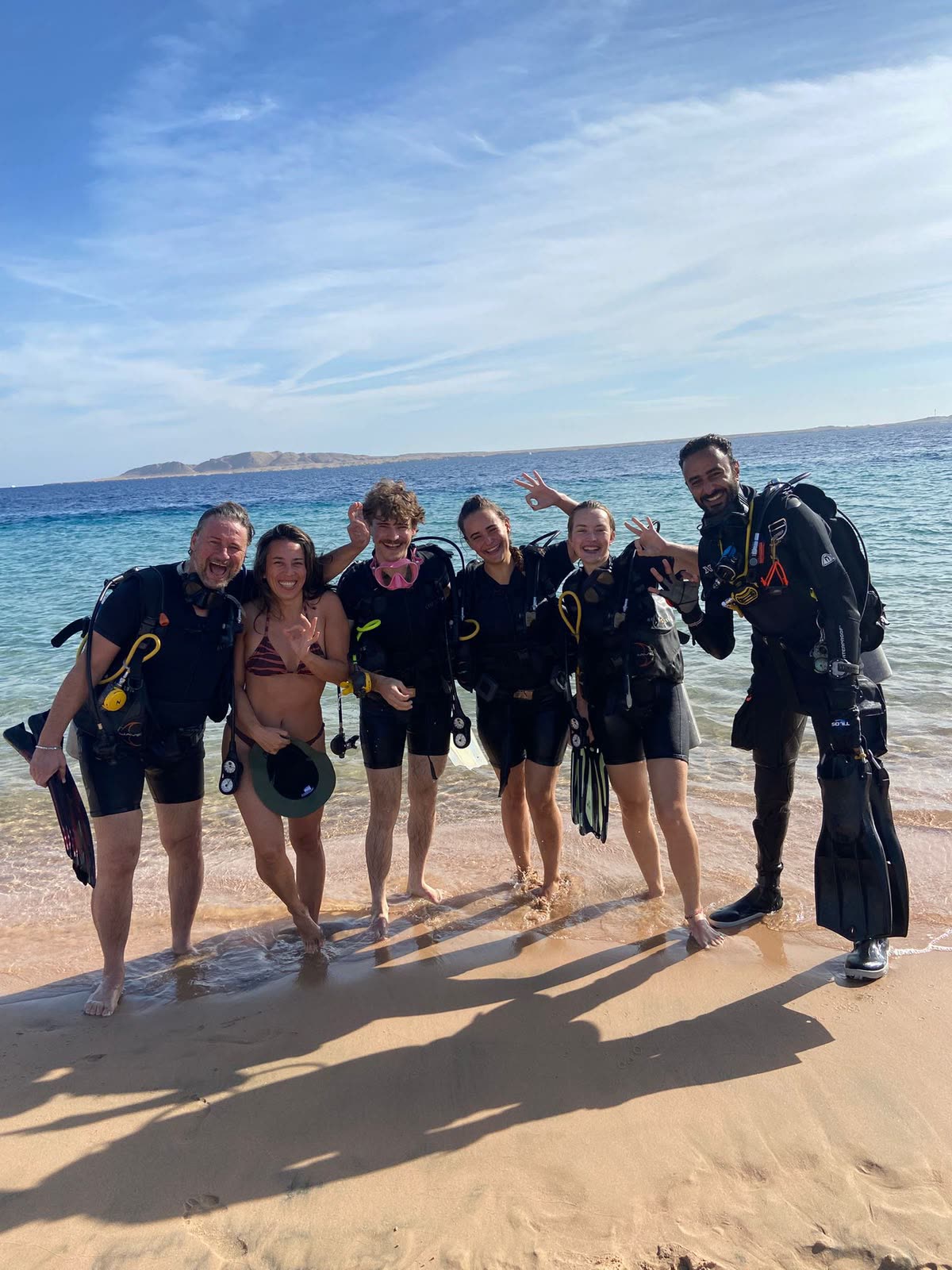 A group in wetsuits lined up on the beach before a dive, waving.