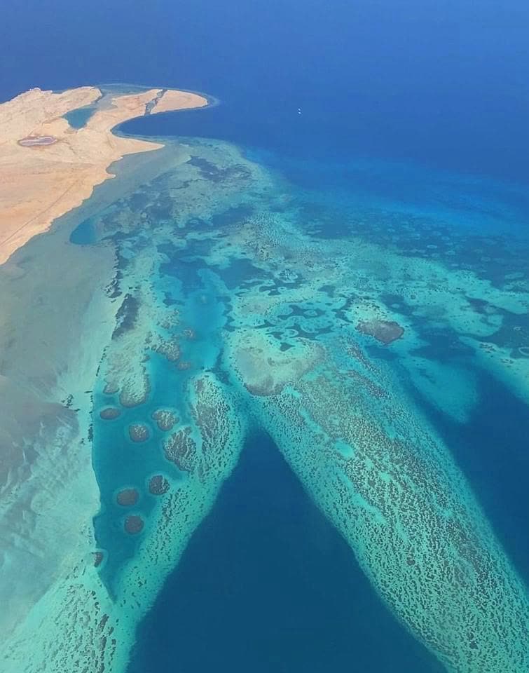 Sandbars and coral shallows seen from above, a pale desert shore in the top corner.